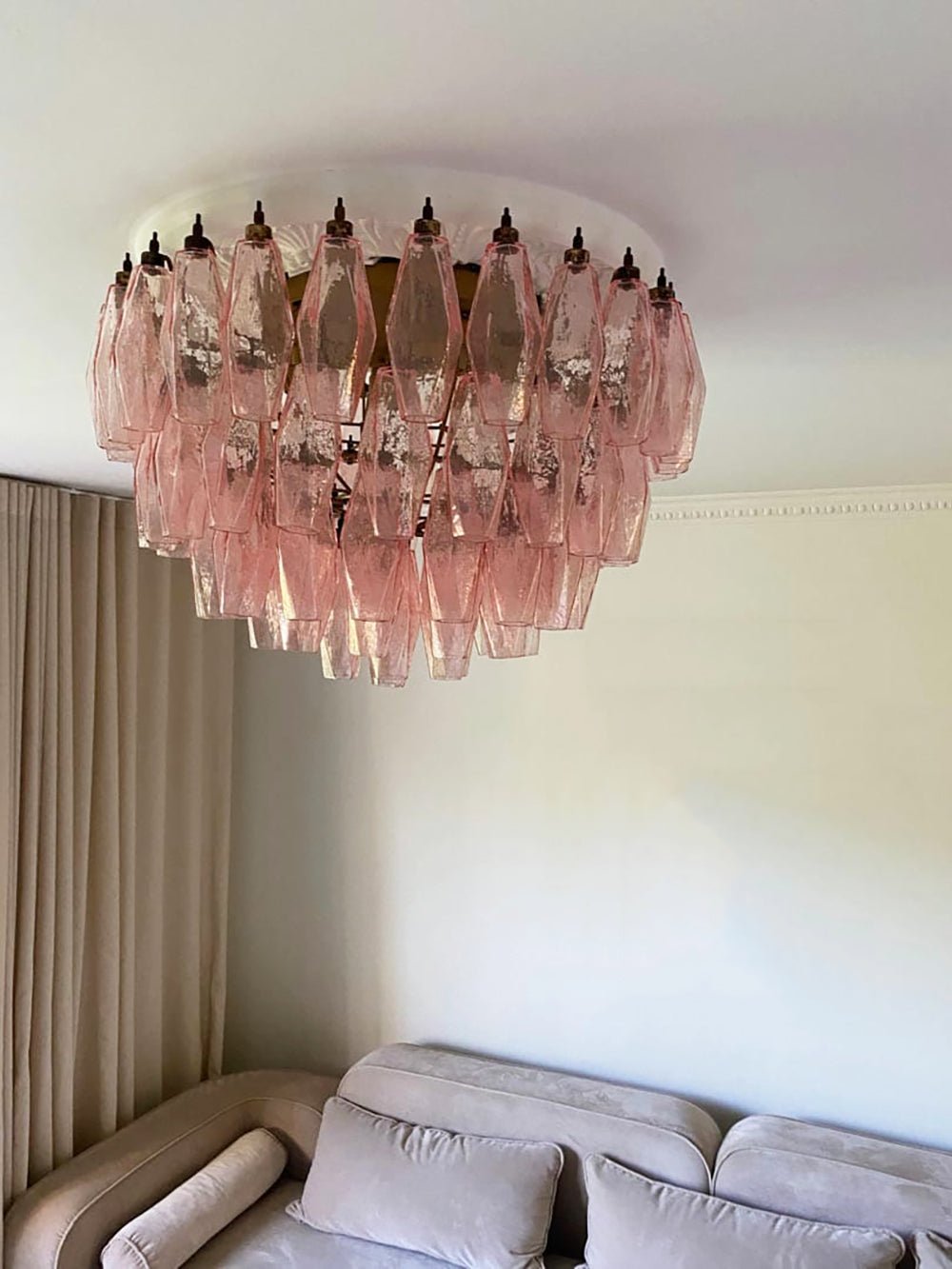 Evix plafondlamp van glas roze rhombusglas gelaagd vintage elegantie