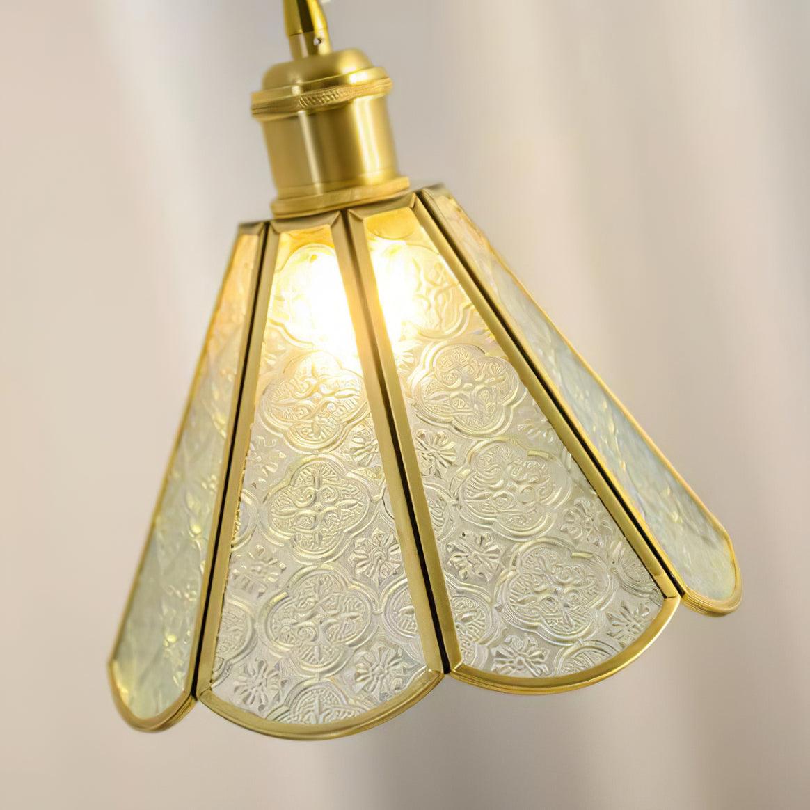 Arvane elegante hanglamp van messing en glas met gestructureerde kap