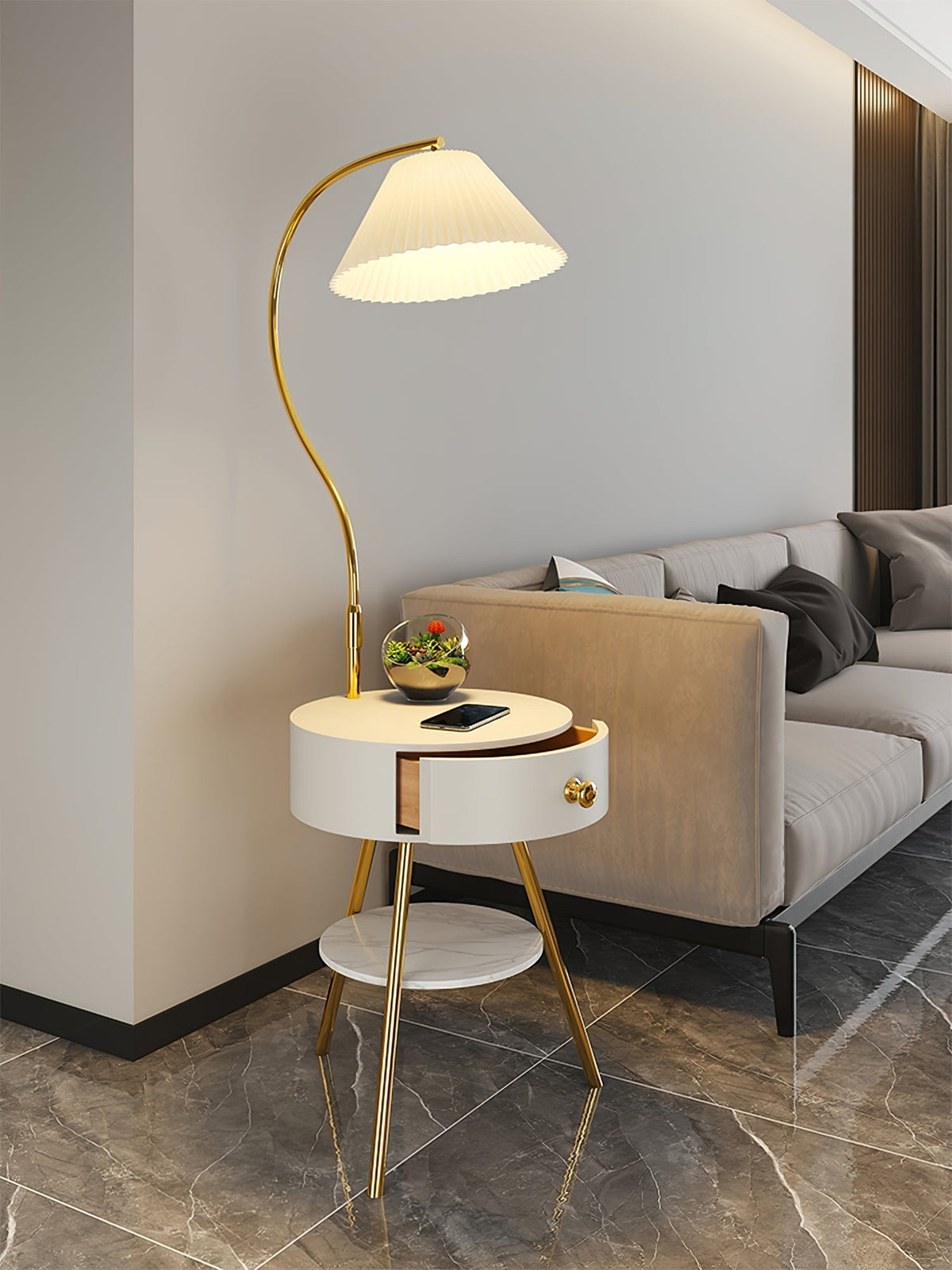 Yase houten marmeren vloerlamp