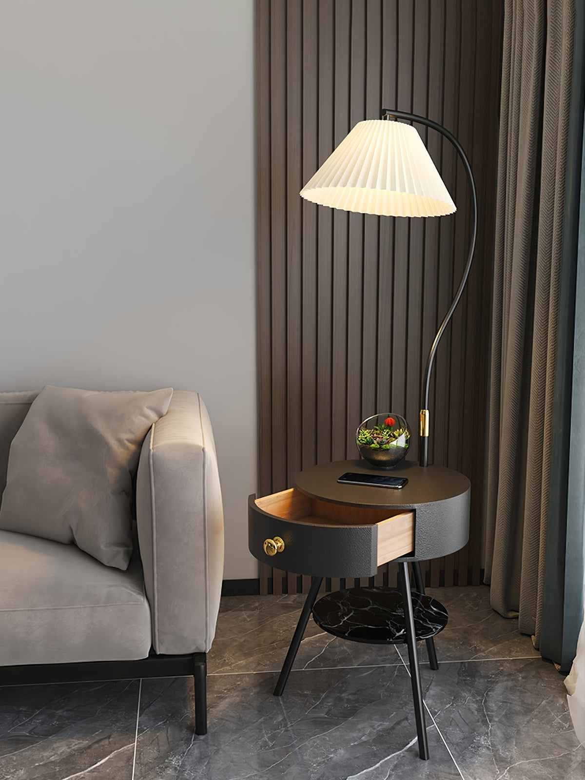 Yase houten marmeren vloerlamp