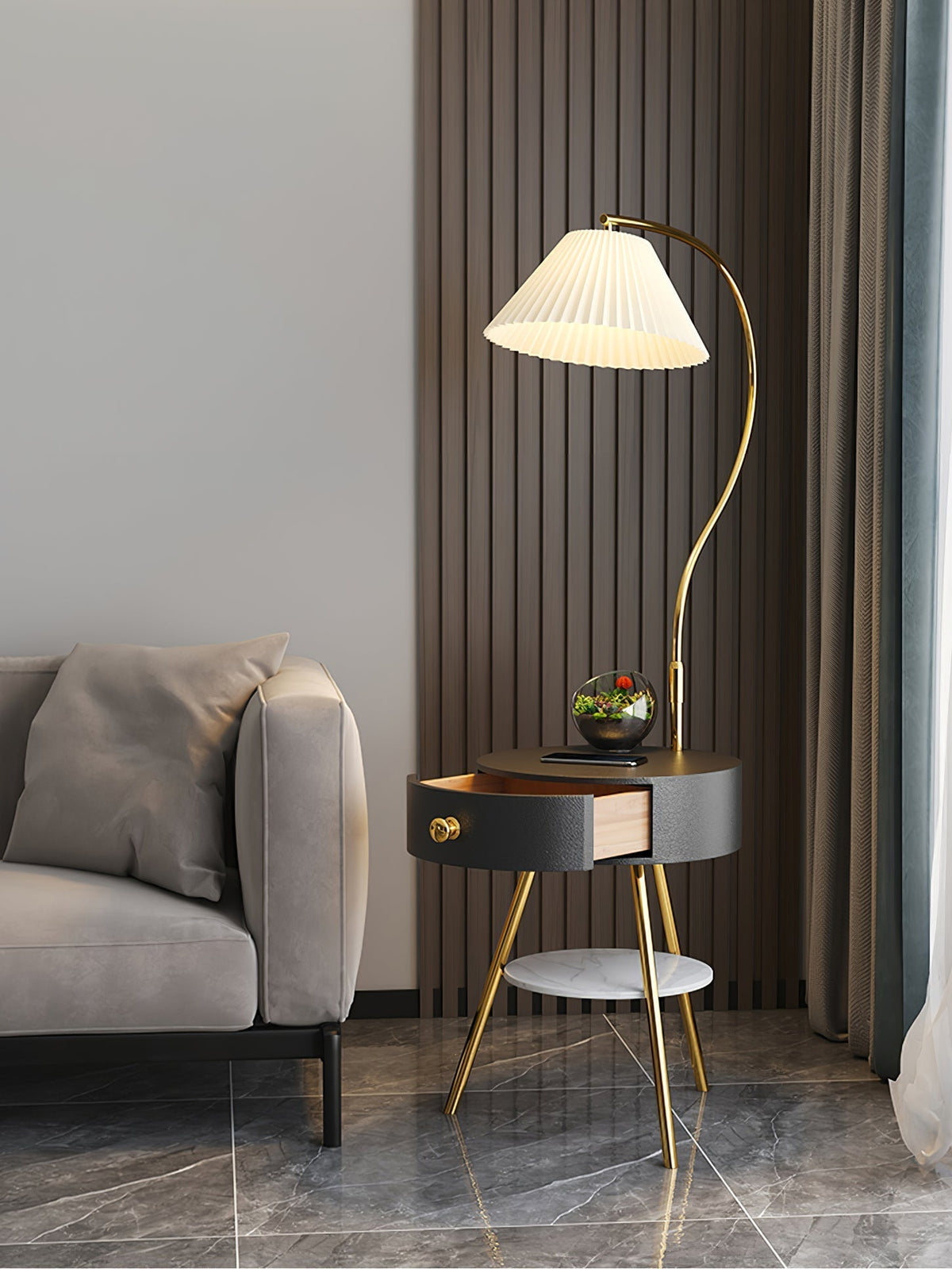 Yase houten marmeren vloerlamp