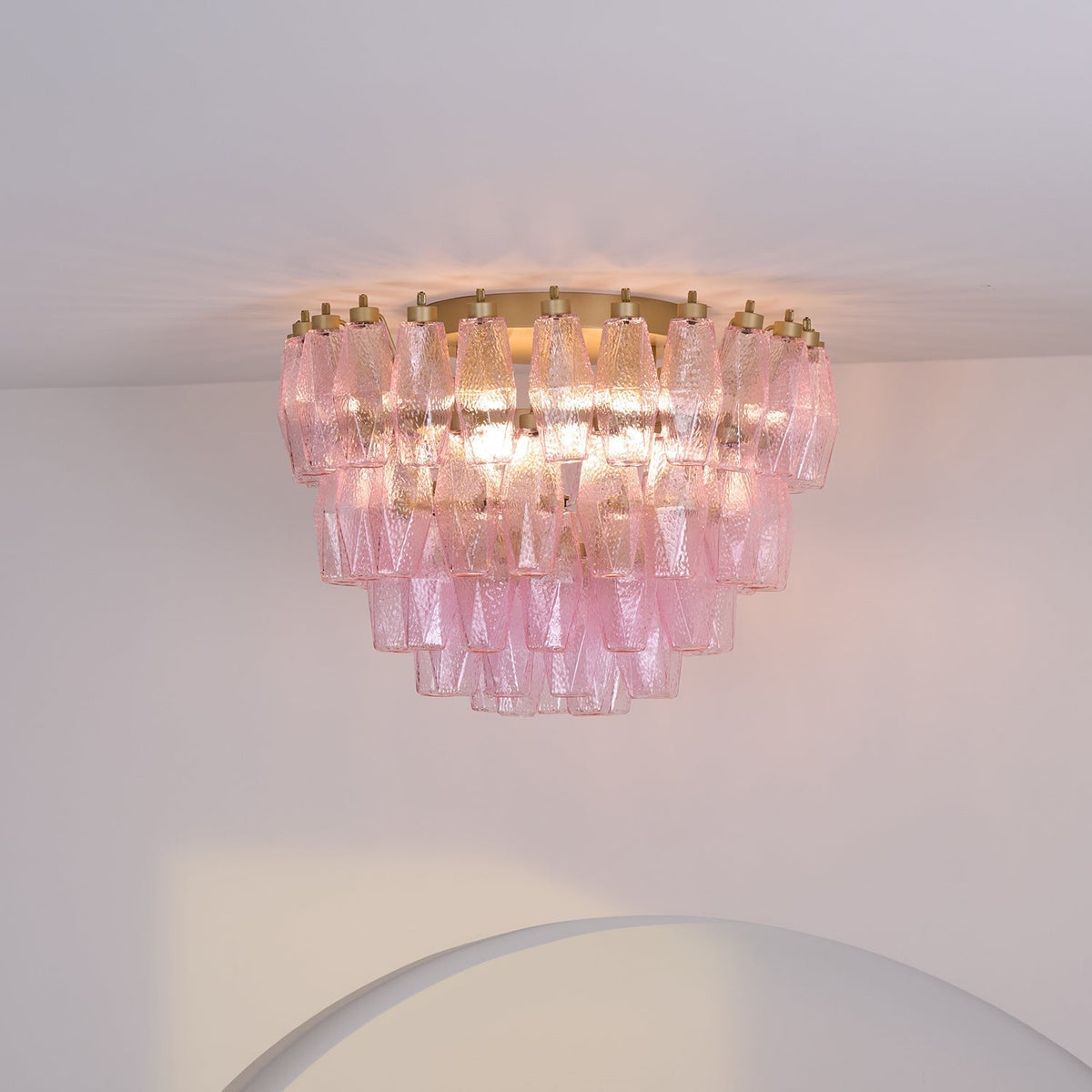 Celelaya plafondlamp Poliedri gelaagde roze Murano-glas vlakke plafondlamp