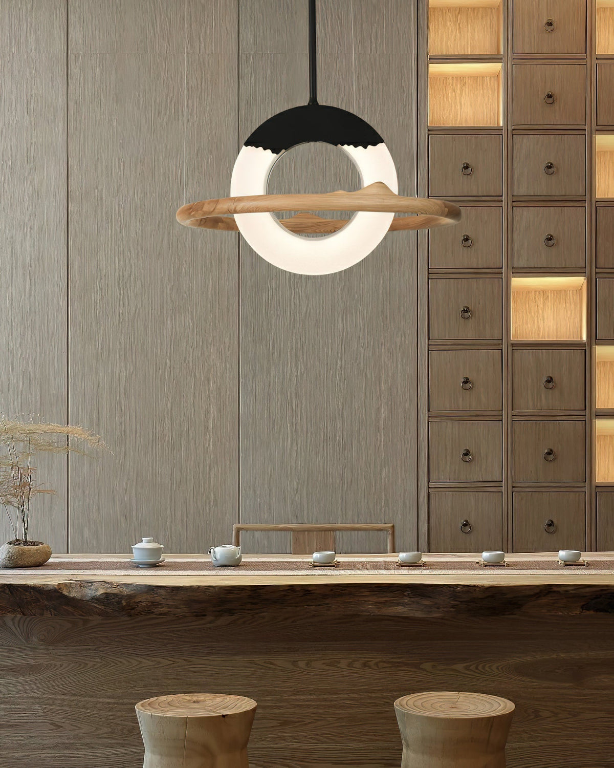Mytalan ronde acryl hanglamp met houten ring