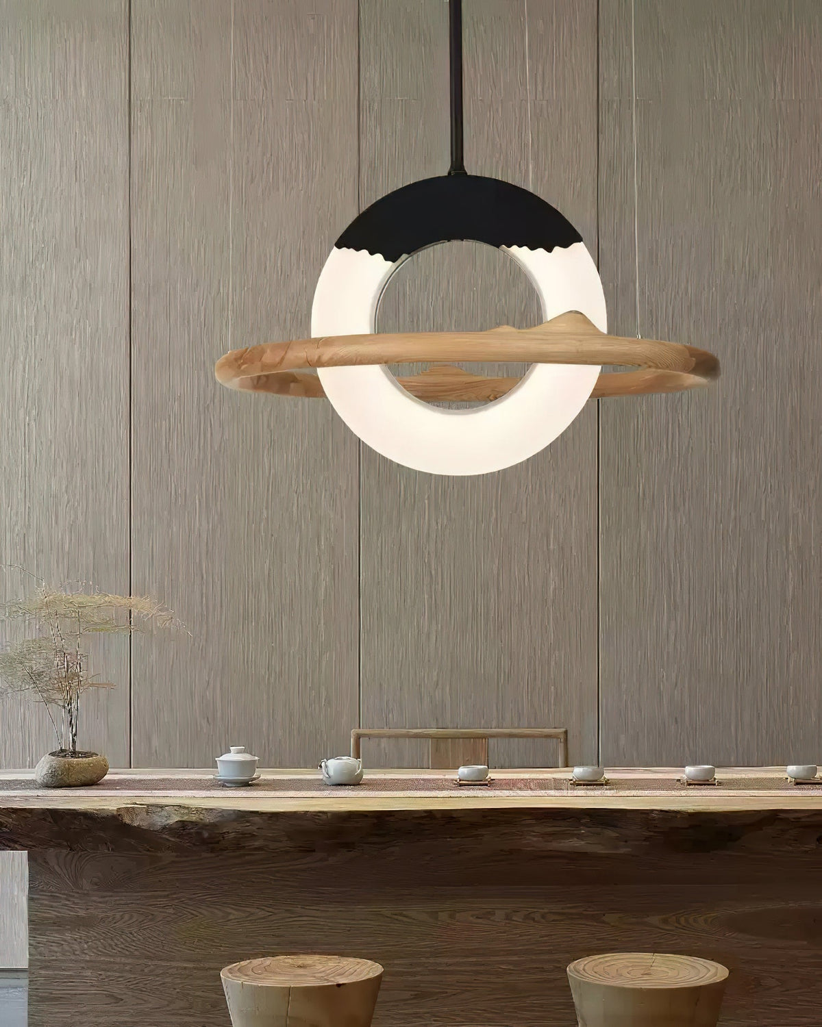 Mytalan ronde acryl hanglamp met houten ring