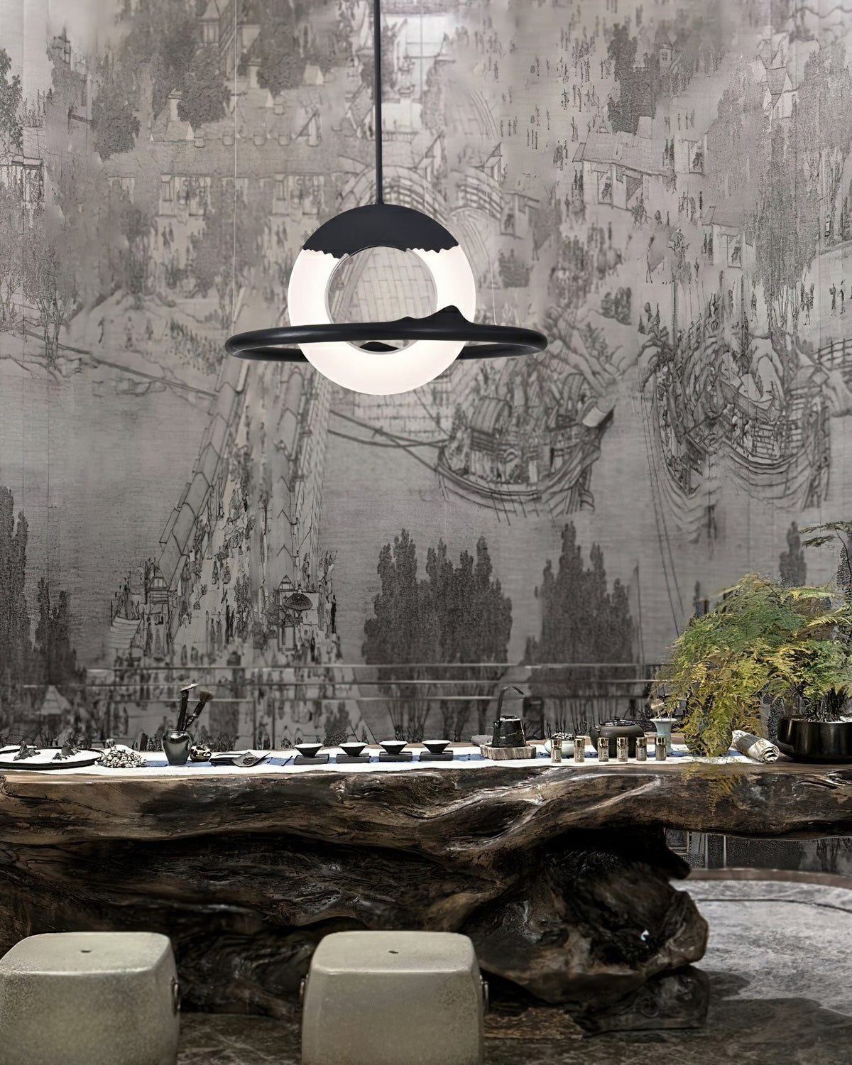 Mytalan ronde acryl hanglamp met houten ring