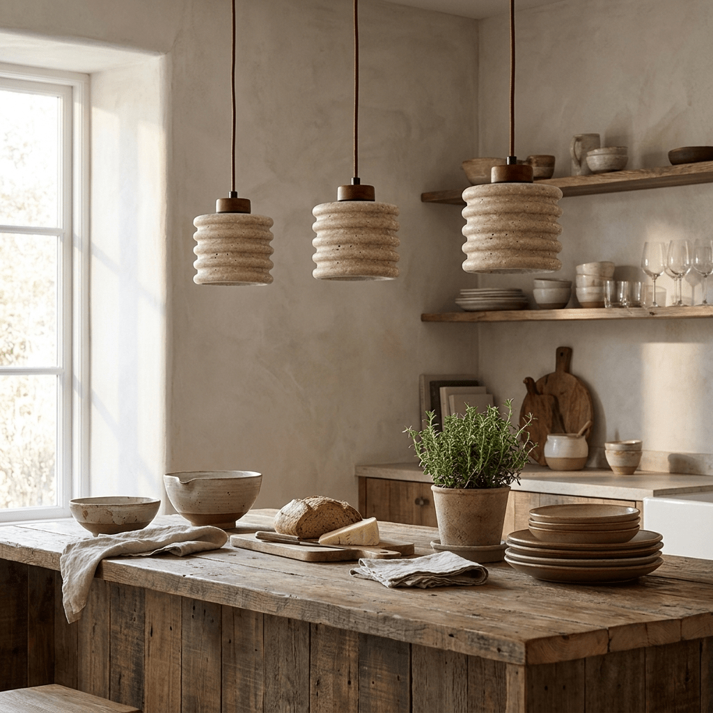 Nerovan hanglamp van travertin en walnoothout