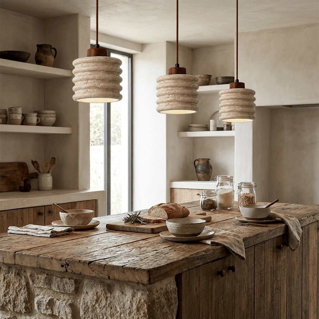 Nerovan hanglamp van travertin en walnoothout