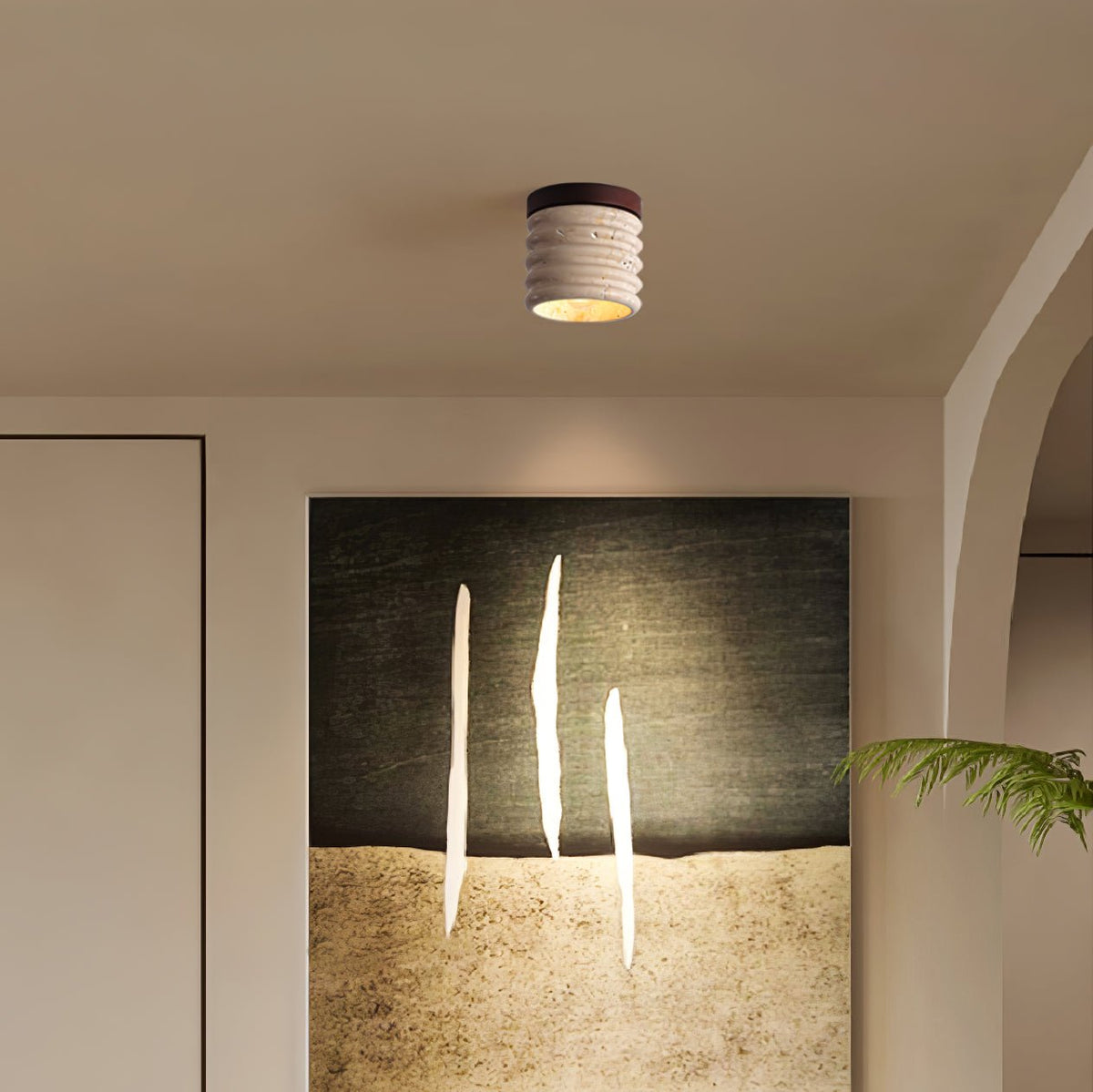 Vomaran cilindervormige plafondlamp van geel travertin en walnoothout