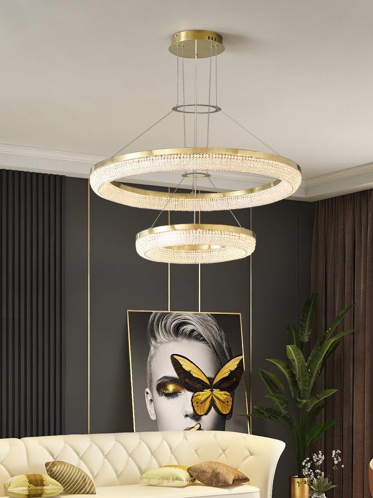 Cyrereon kroonluchter met ronde ringen van kristal in goudkleurige afwerking