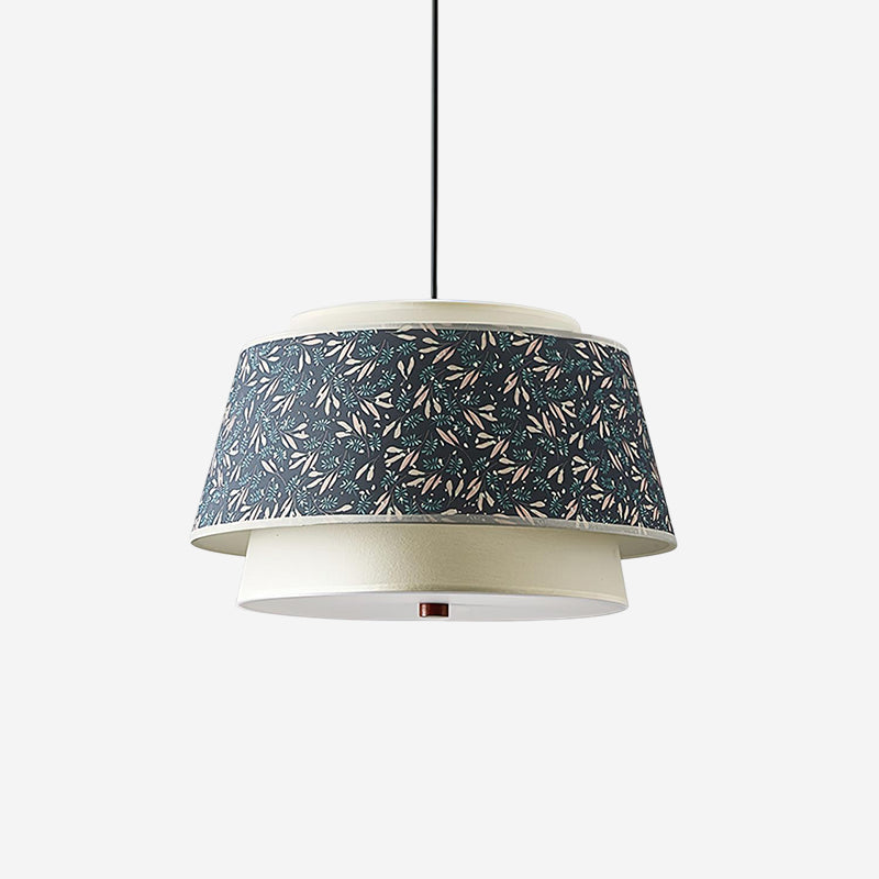 Sorarina hanglamp met blauwe bloemenstof en walnootlaag