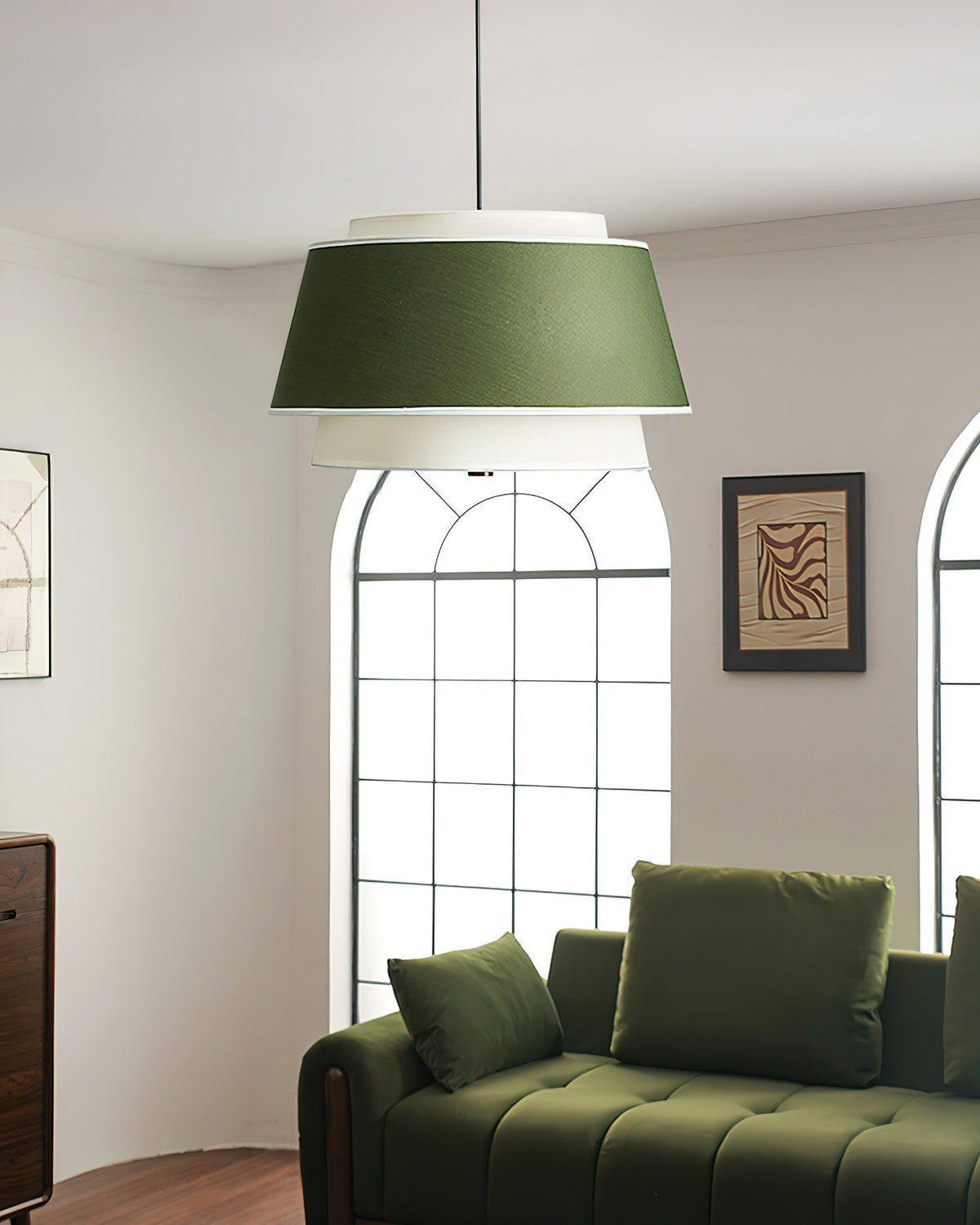Sorarina hanglamp met blauwe bloemenstof en walnootlaag