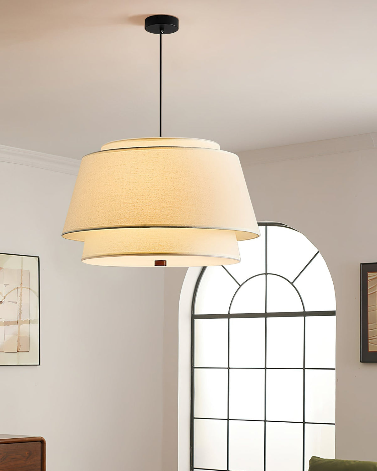 Sorarina hanglamp met blauwe bloemenstof en walnootlaag
