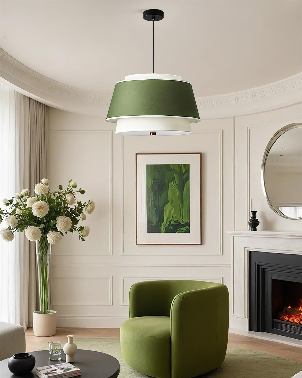 Sorarina hanglamp met blauwe bloemenstof en walnootlaag