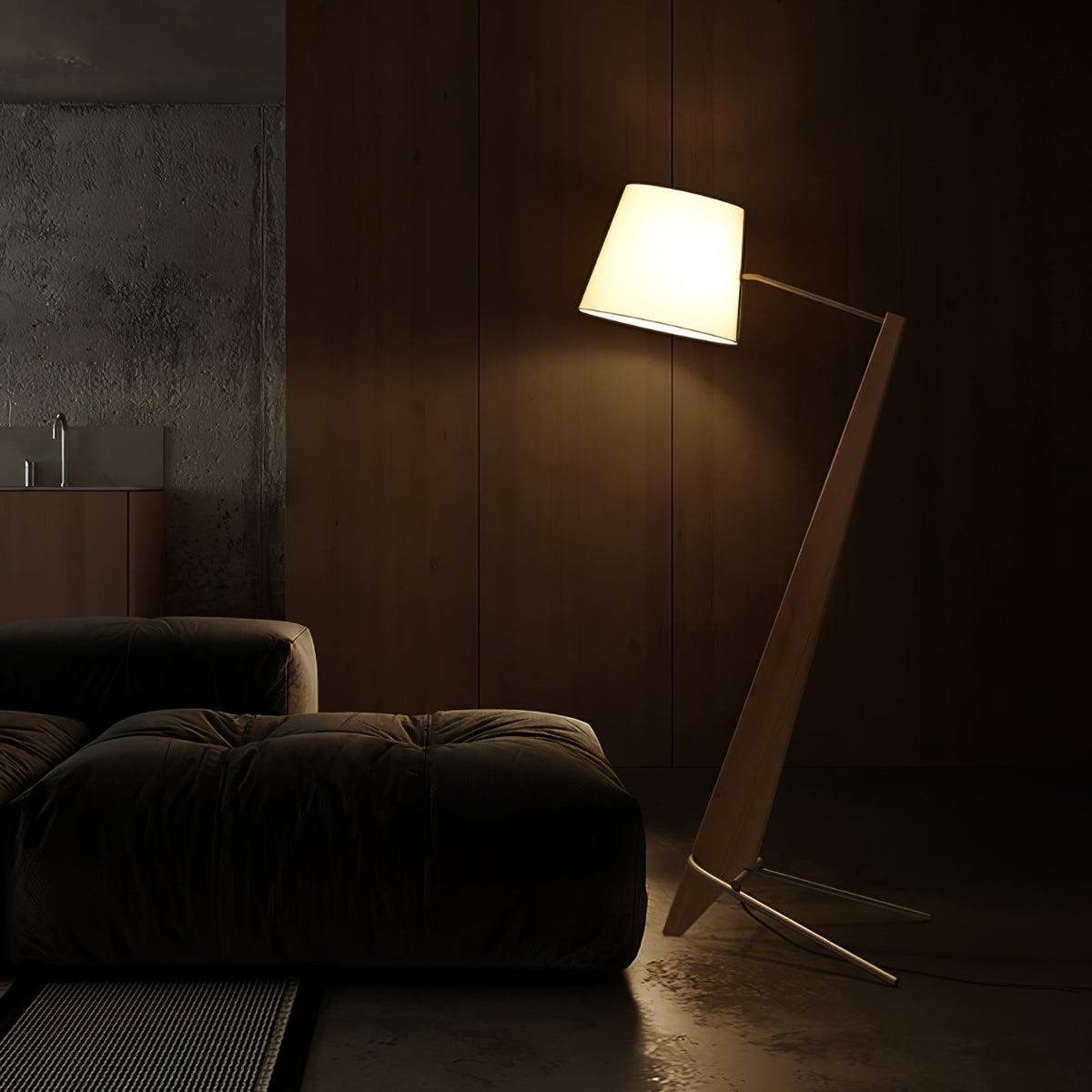 Vyran vloerlamp van walnoothout en beige stof
