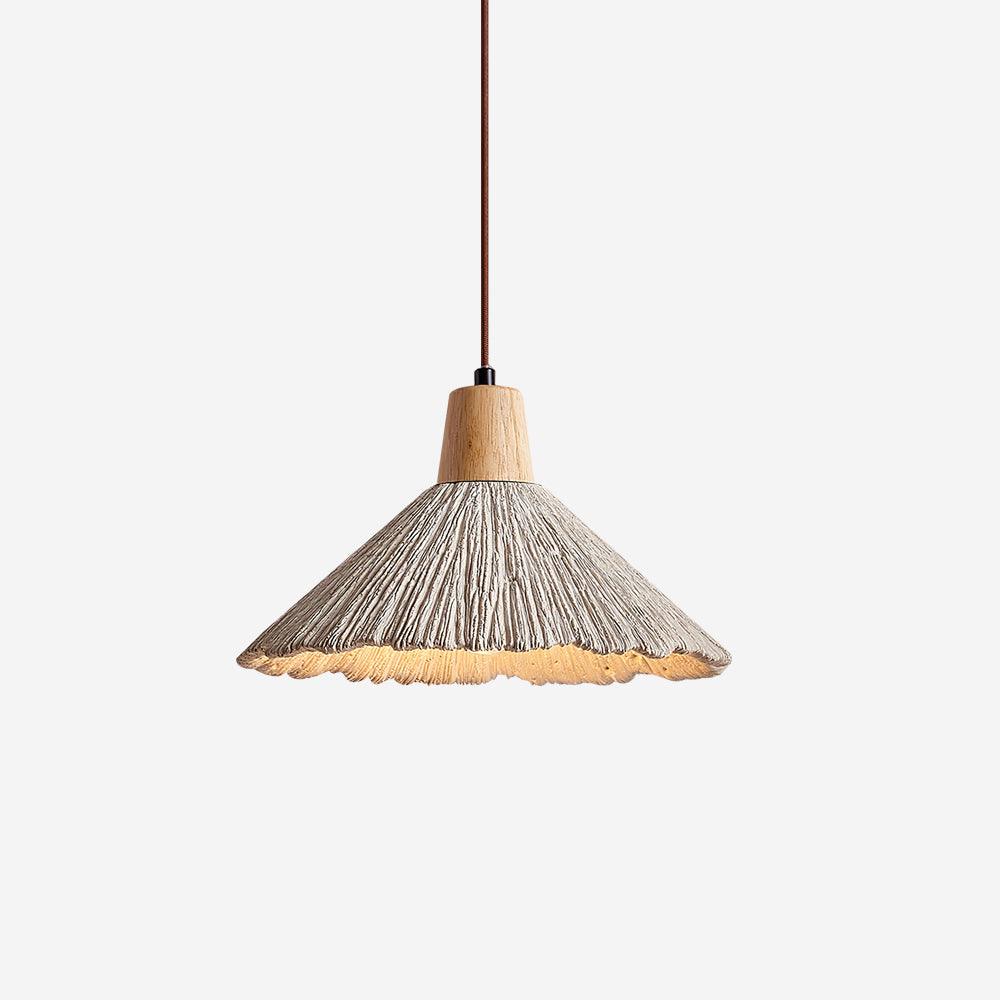 Hanglamp met houten bovenkant en getextureerde cementkap in grijs, Japandi-stijl