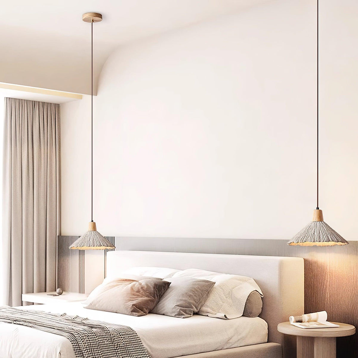Hanglamp met houten bovenkant en getextureerde cementkap in grijs, Japandi-stijl