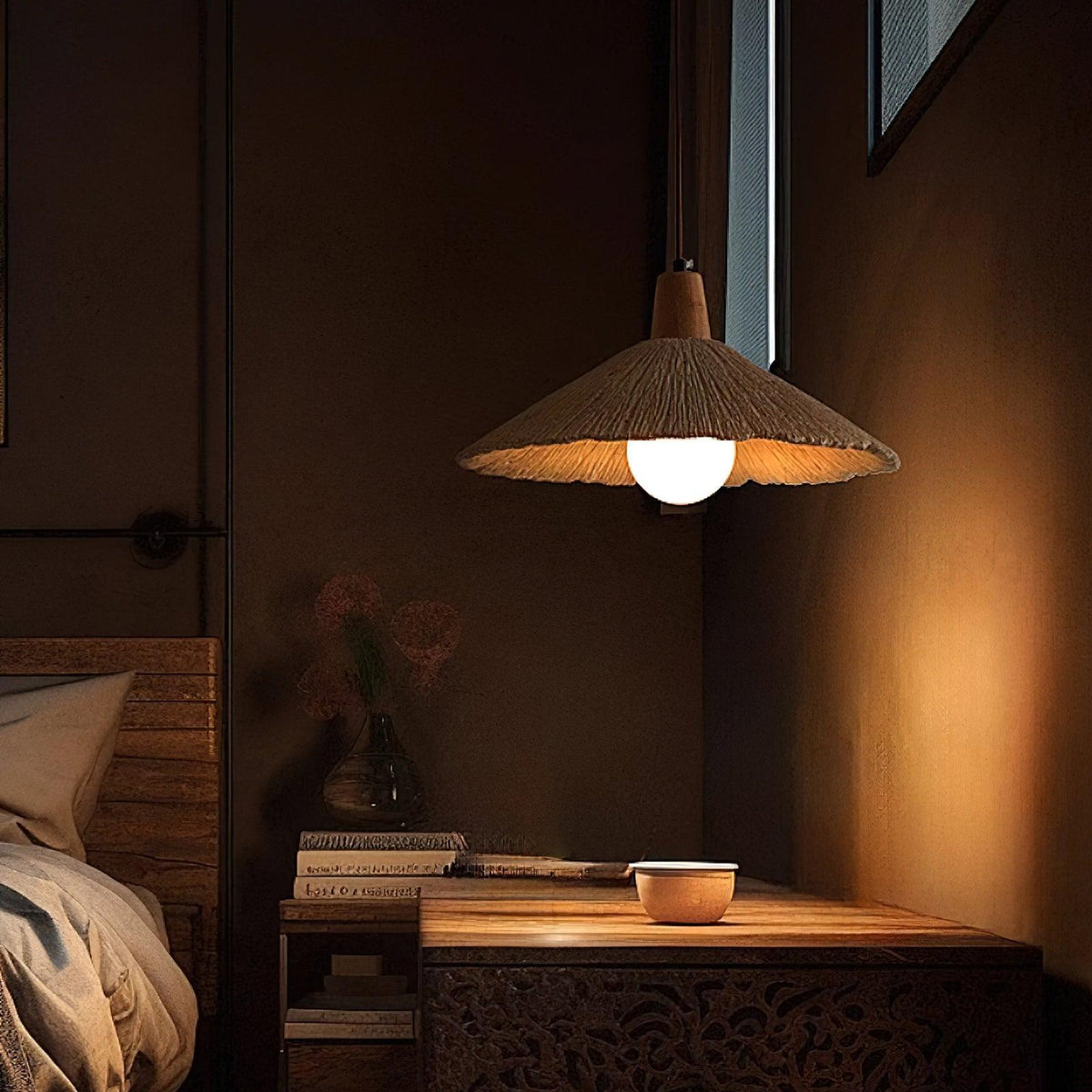 Hanglamp met houten bovenkant en getextureerde cementkap in grijs, Japandi-stijl