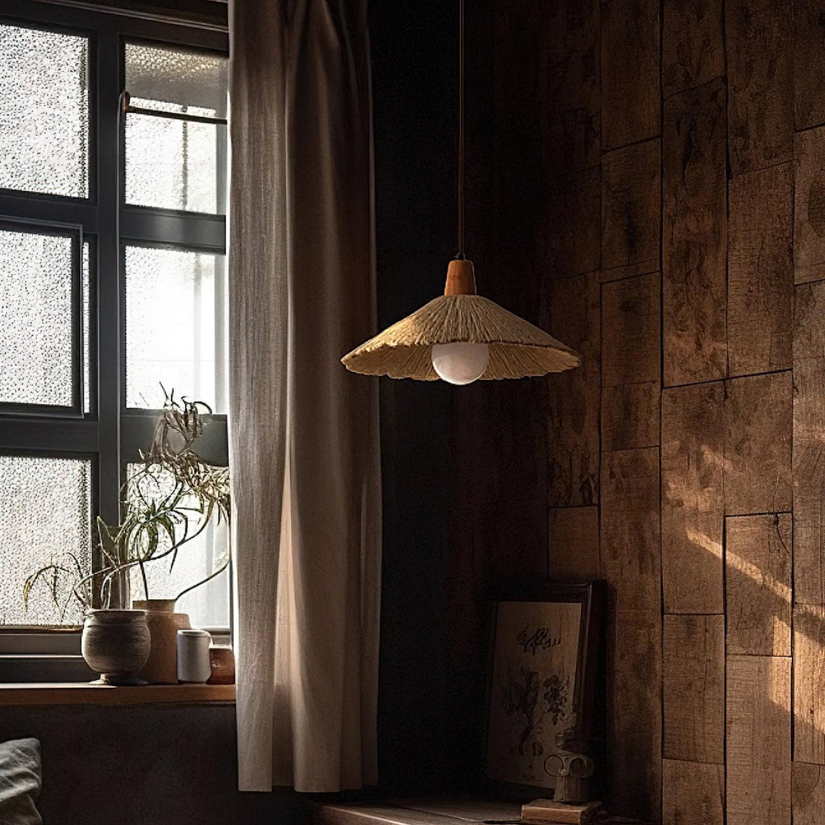 Hanglamp met houten bovenkant en getextureerde cementkap in grijs, Japandi-stijl