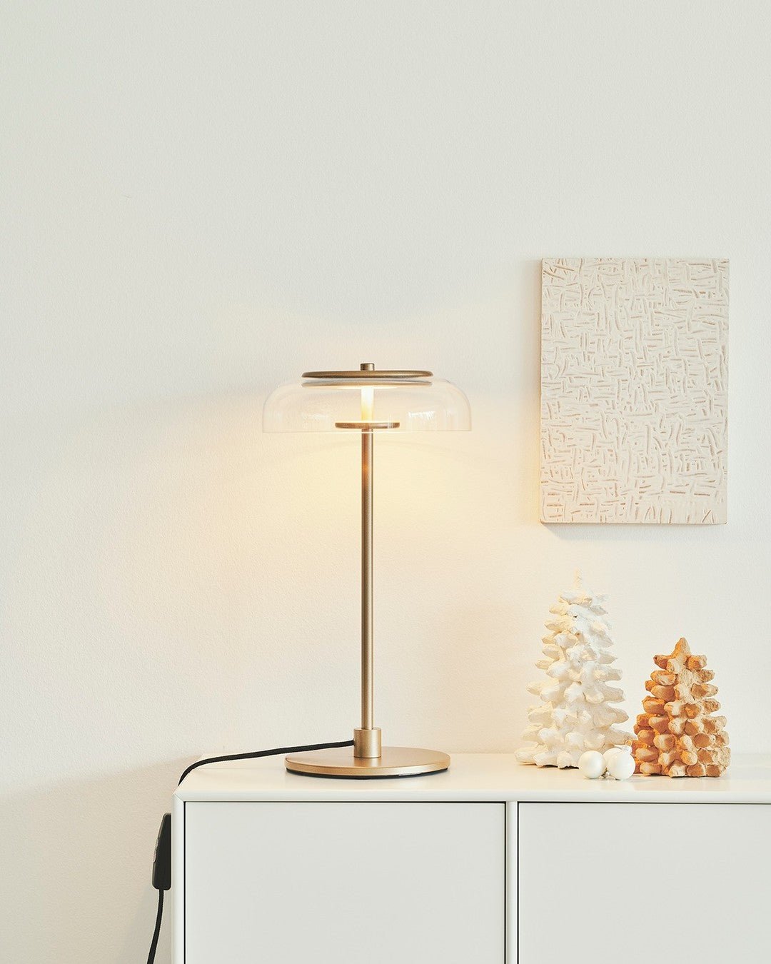 Rinelette tafellamp heldere glazen kap houten voet