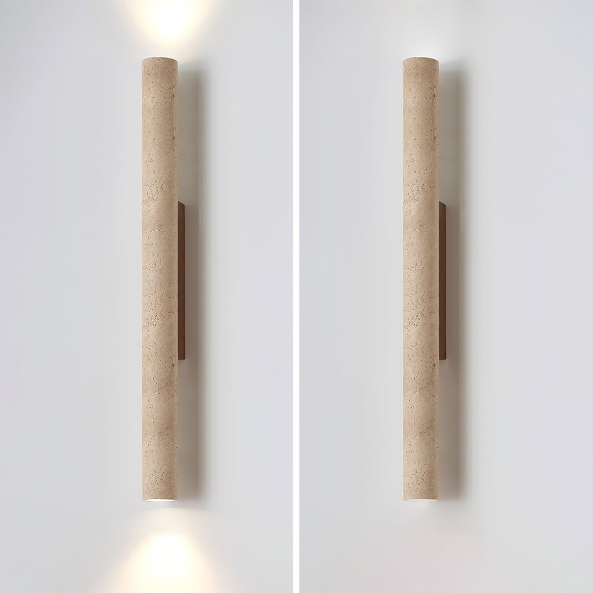 Seranise slanke cilindervormige wandlamp van geel travertin