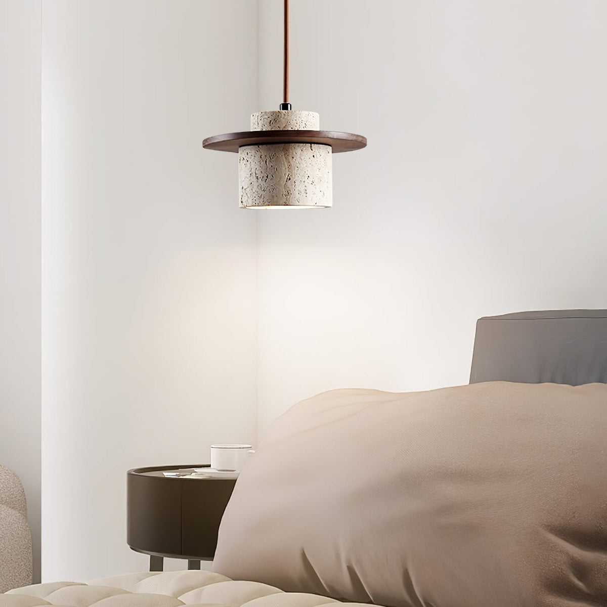Valerelle hanglamp met cirkelvormige travertin schijf en cilindrische stenen kap