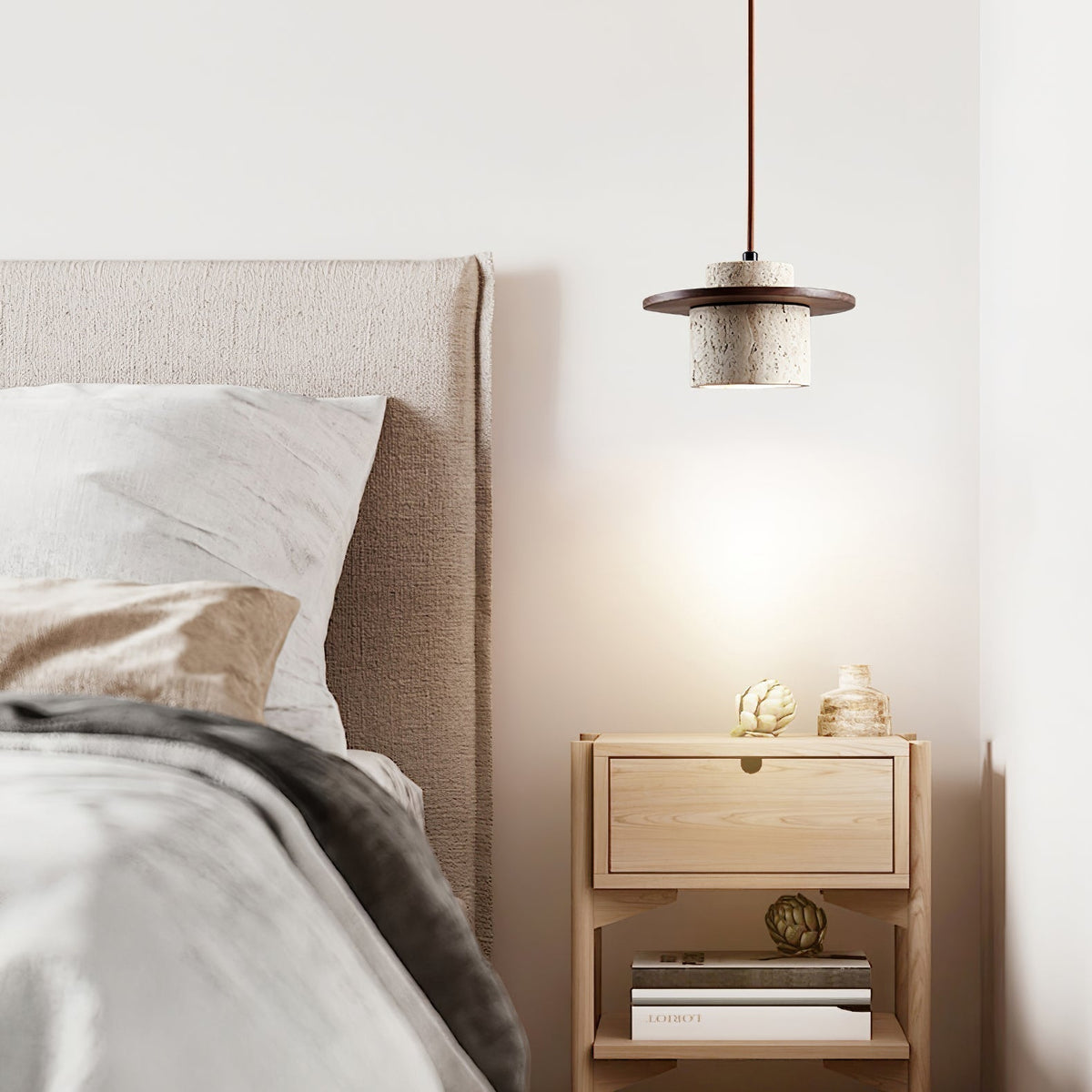 Valerelle hanglamp met cirkelvormige travertin schijf en cilindrische stenen kap