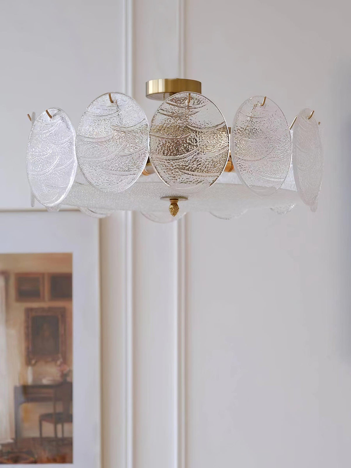 Velalaine plafondlamp van glas met afwerking en ribbelglas goudkleurig