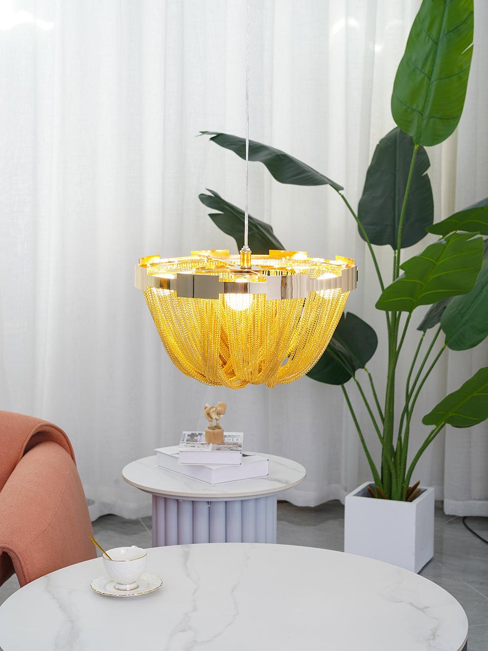 Talj plafondlamp met ketting van aluminium en tassel in nikkel