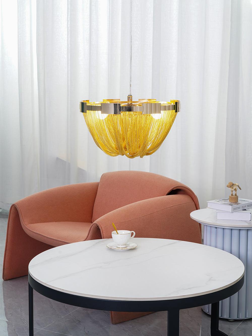 Talj plafondlamp met ketting van aluminium en tassel in nikkel