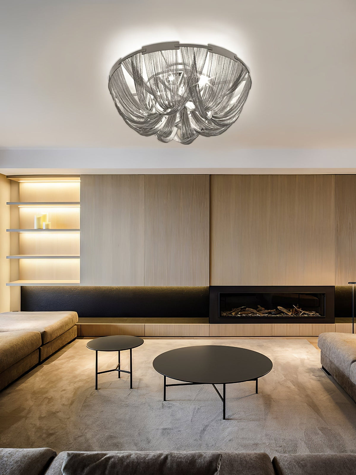 Talj plafondlamp met ketting van aluminium en tassel in nikkel