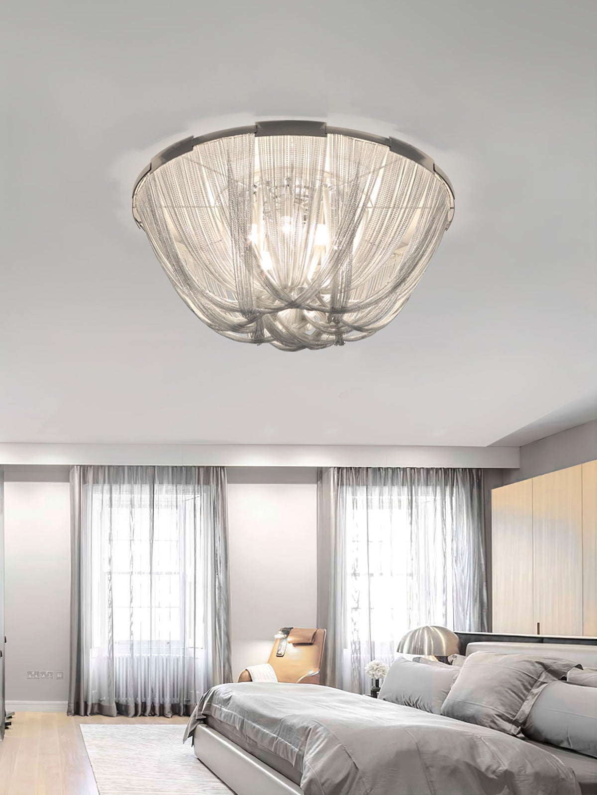 Talj plafondlamp met ketting van aluminium en tassel in nikkel