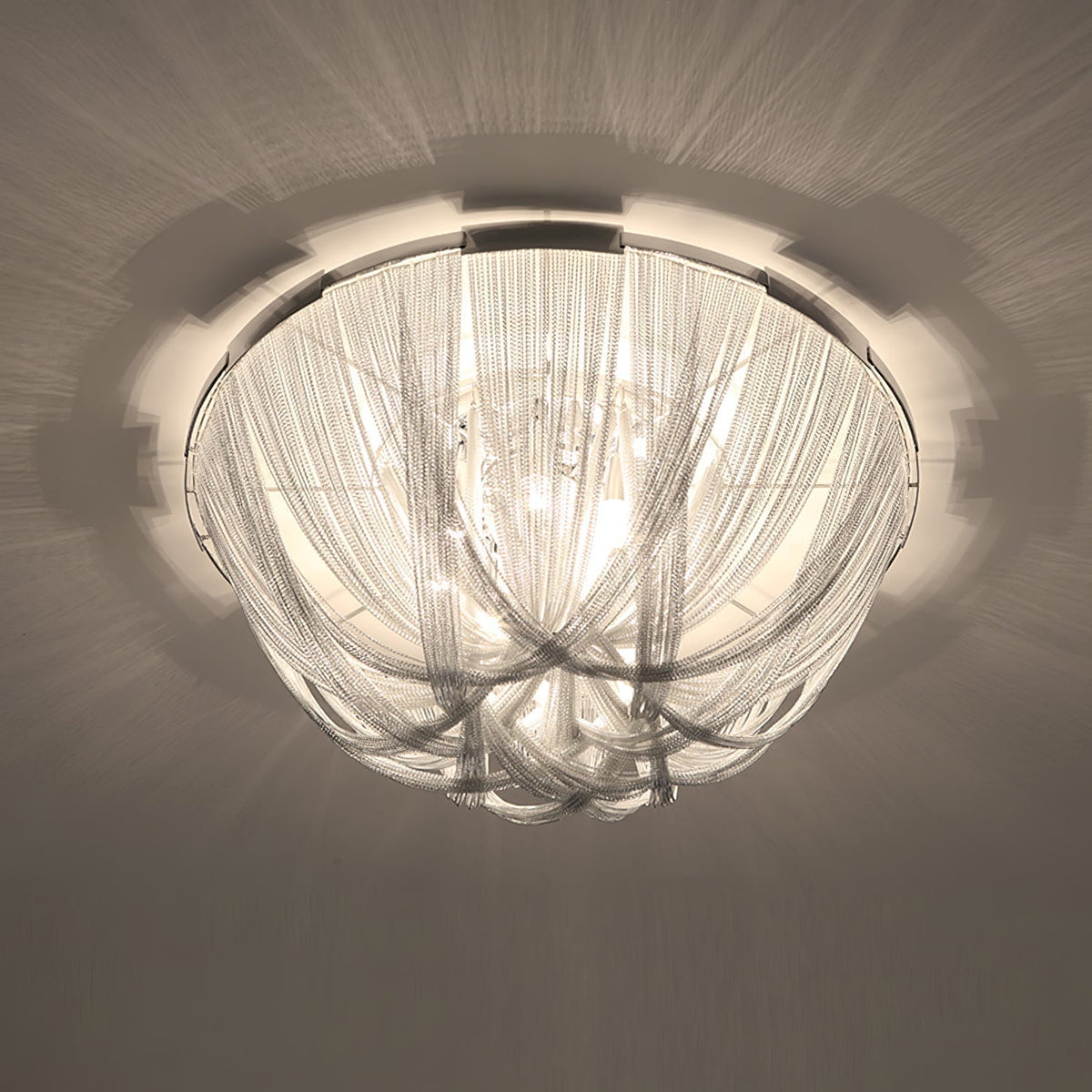 Talj plafondlamp met ketting van aluminium en tassel in nikkel