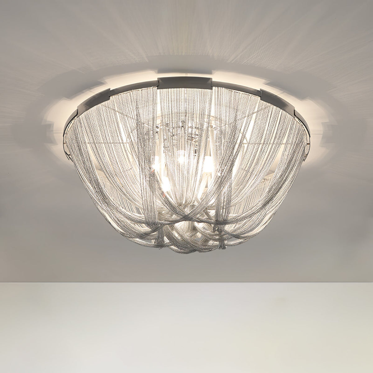 Talj plafondlamp met ketting van aluminium en tassel in nikkel