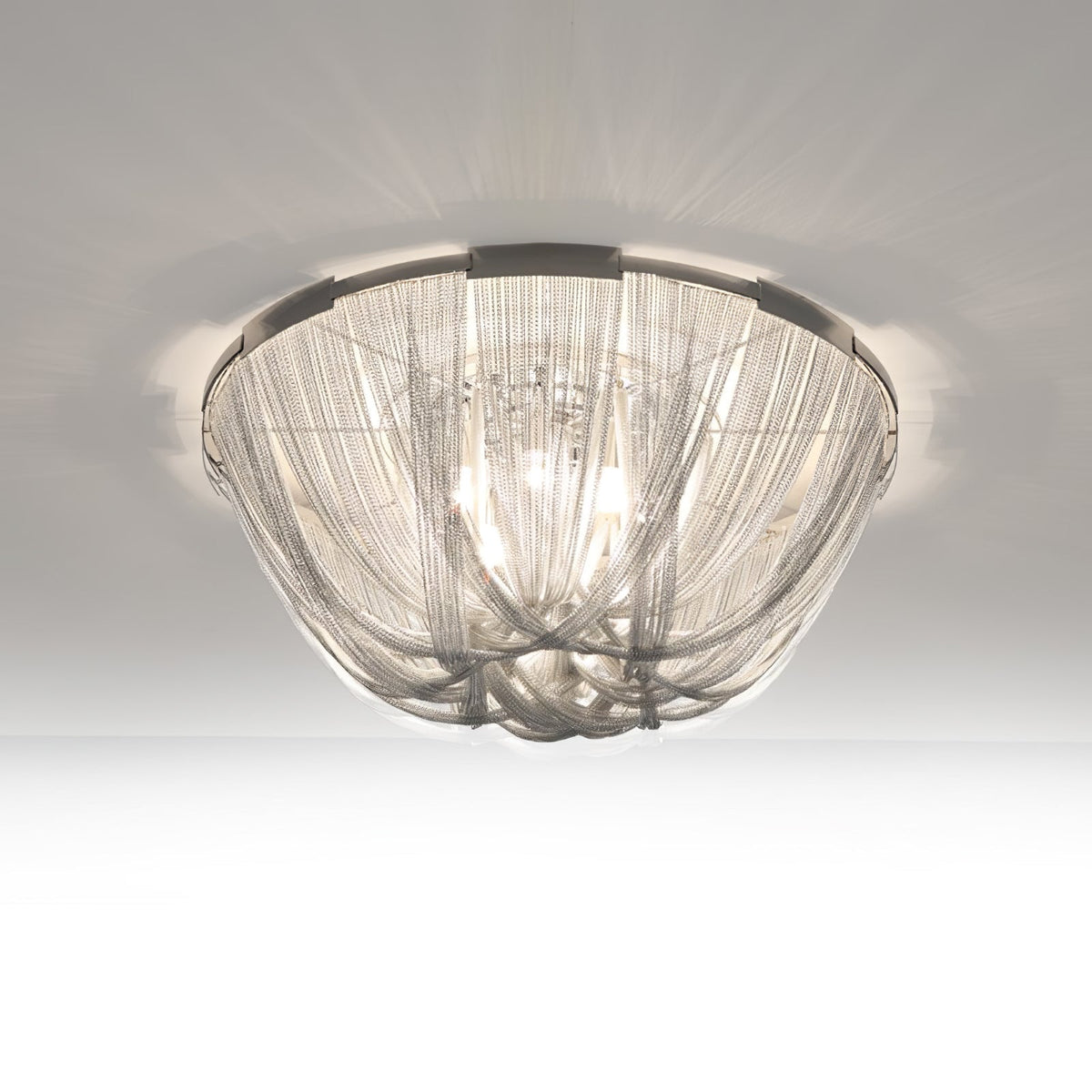 Talj plafondlamp met ketting van aluminium en tassel in nikkel