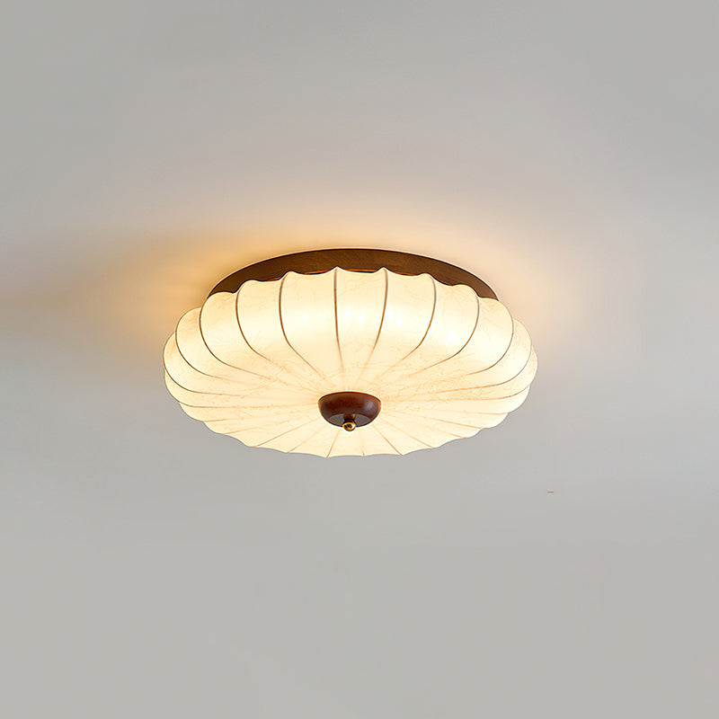 Miroraine vlakke plafondlamp walnootkleurige afwerking beige stoffen kap