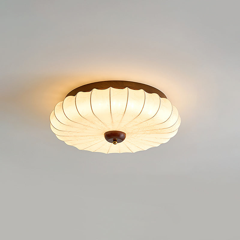 Miroraine vlakke plafondlamp walnootkleurige afwerking beige stoffen kap
