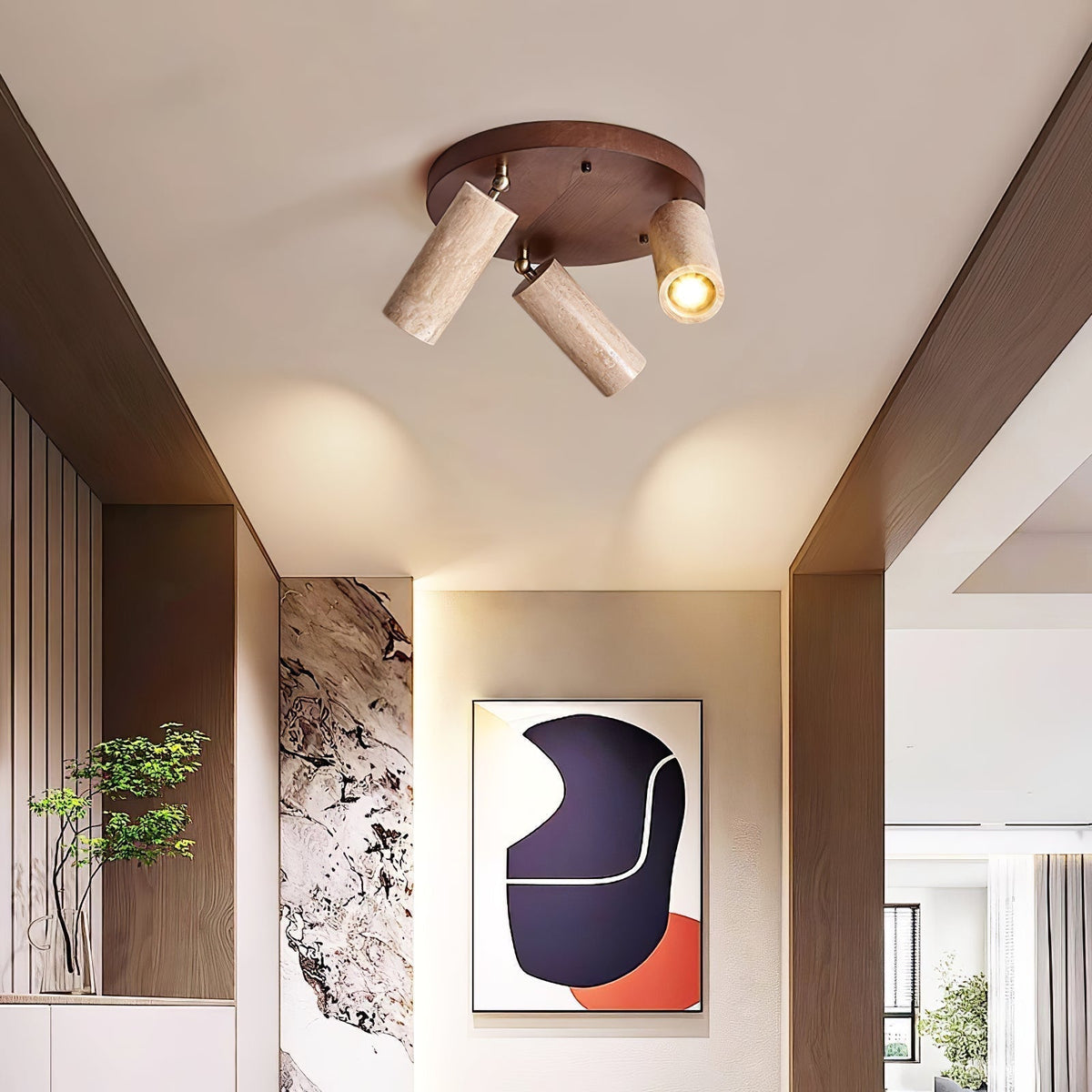 Zevenion meervoudige arm plafondlamp met walnoothout en geel travertin