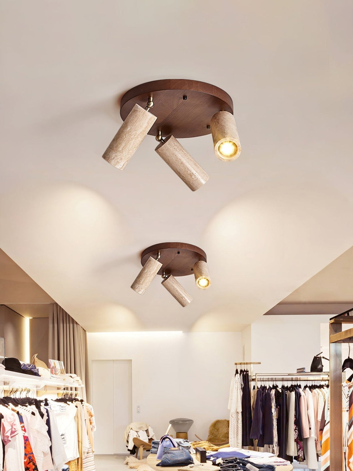 Zevenion meervoudige arm plafondlamp met walnoothout en geel travertin