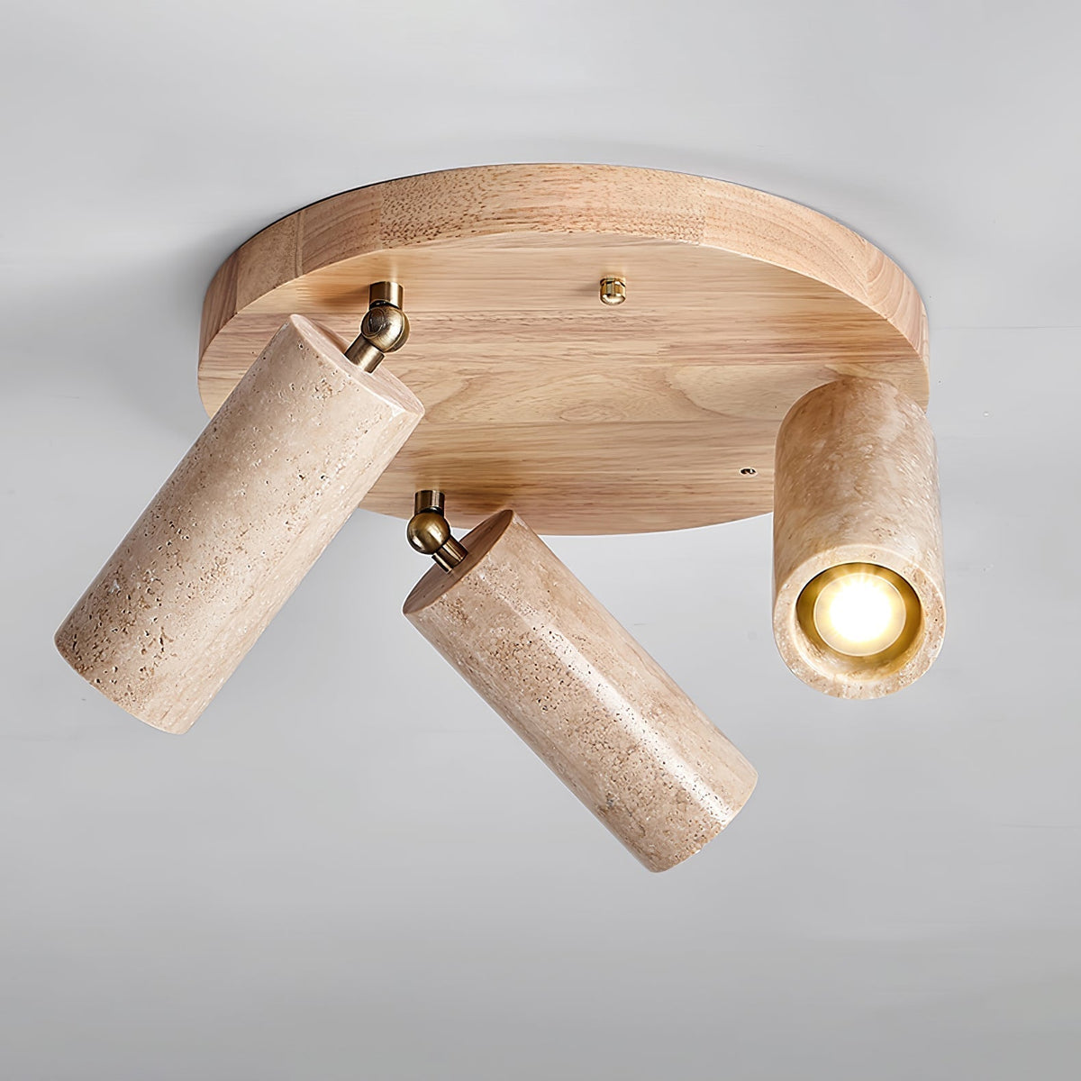 Zevenion meervoudige arm plafondlamp met walnoothout en geel travertin