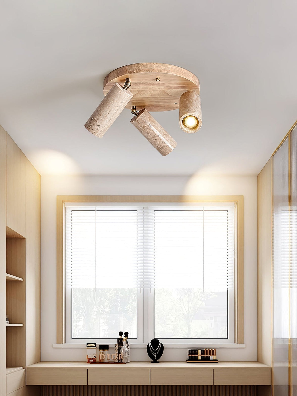 Zevenion meervoudige arm plafondlamp met walnoothout en geel travertin
