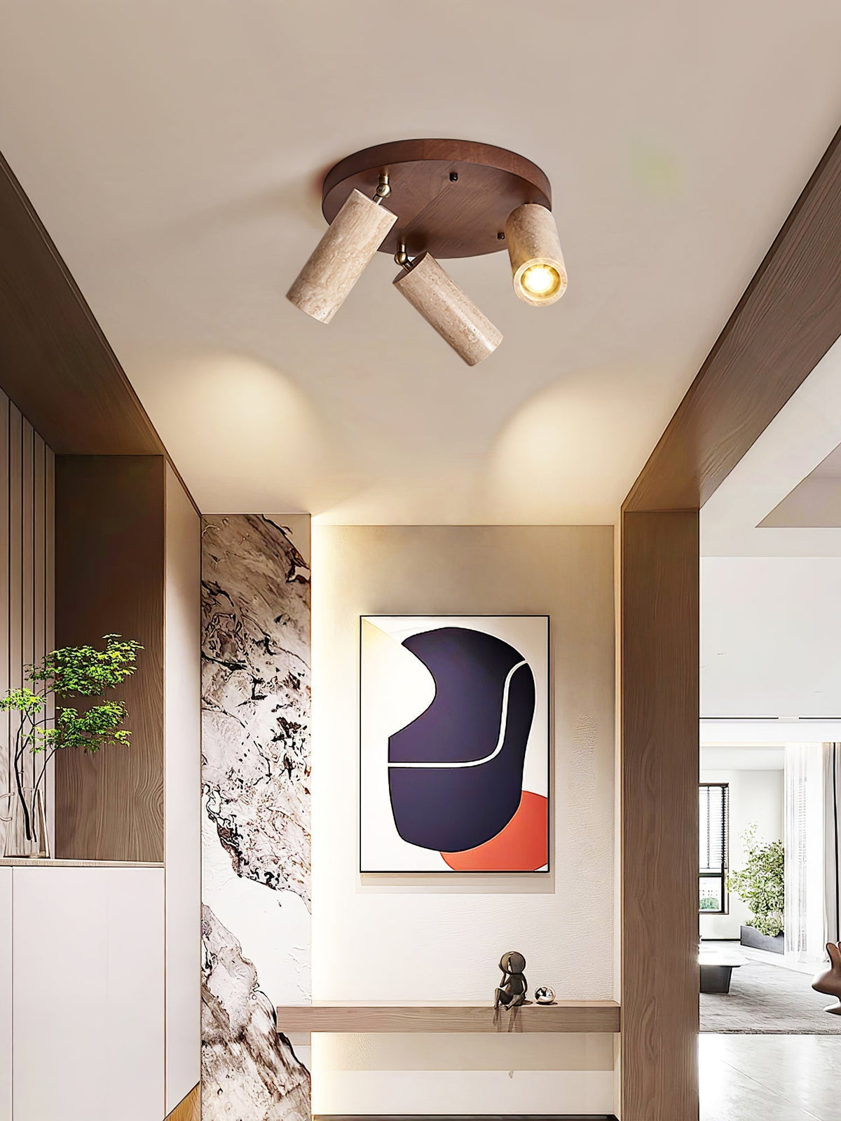 Zevenion meervoudige arm plafondlamp met walnoothout en geel travertin