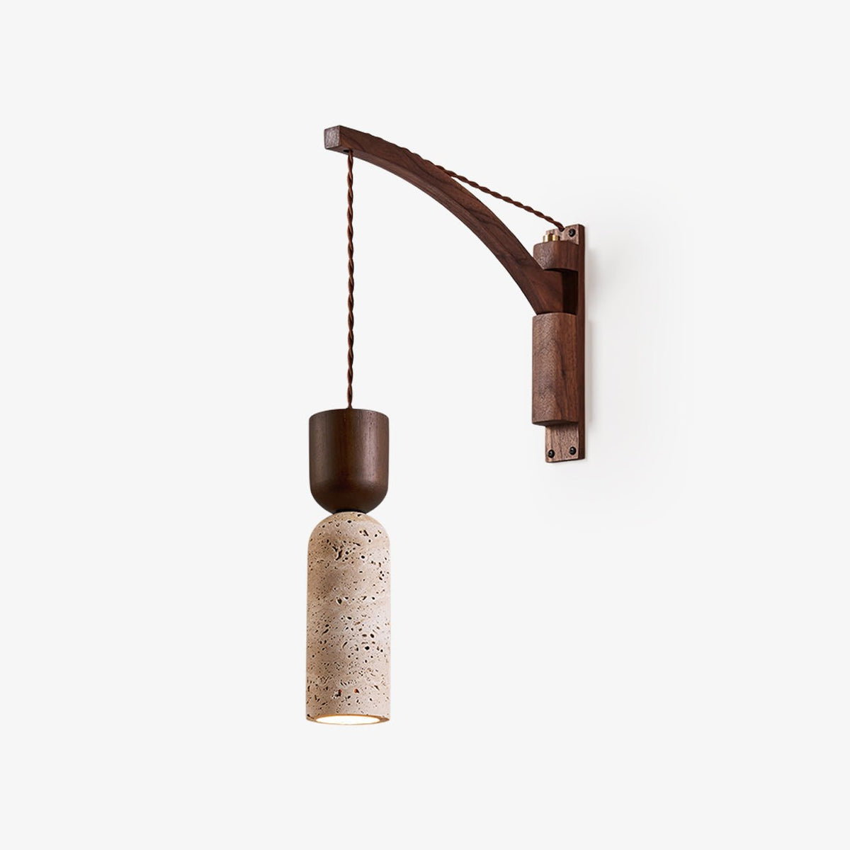 Lestemore wandlamp met walnootarmatuur en gele travertin kap