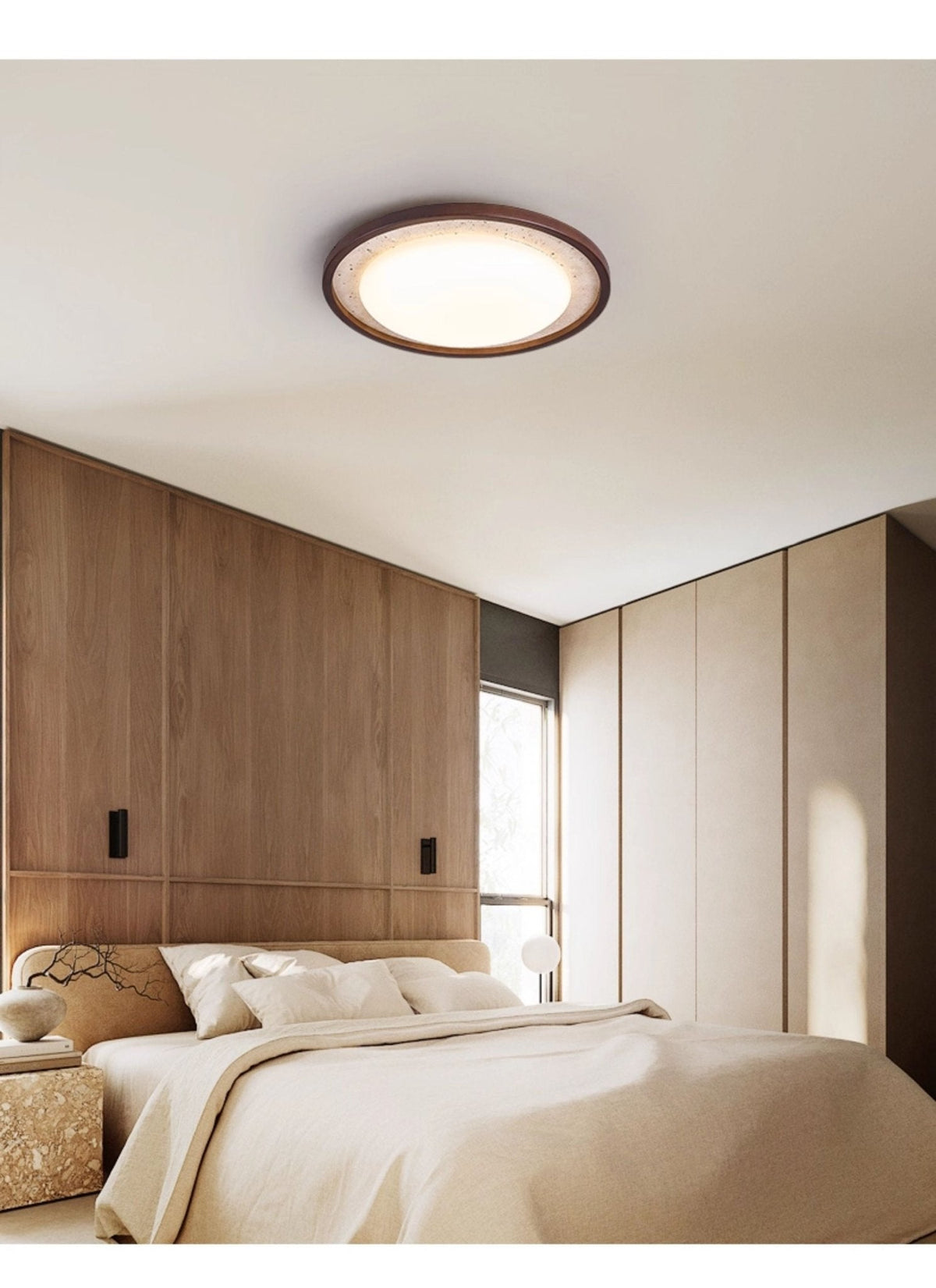 Bexm ronde plafondlamp van geel travertin en walnoothout