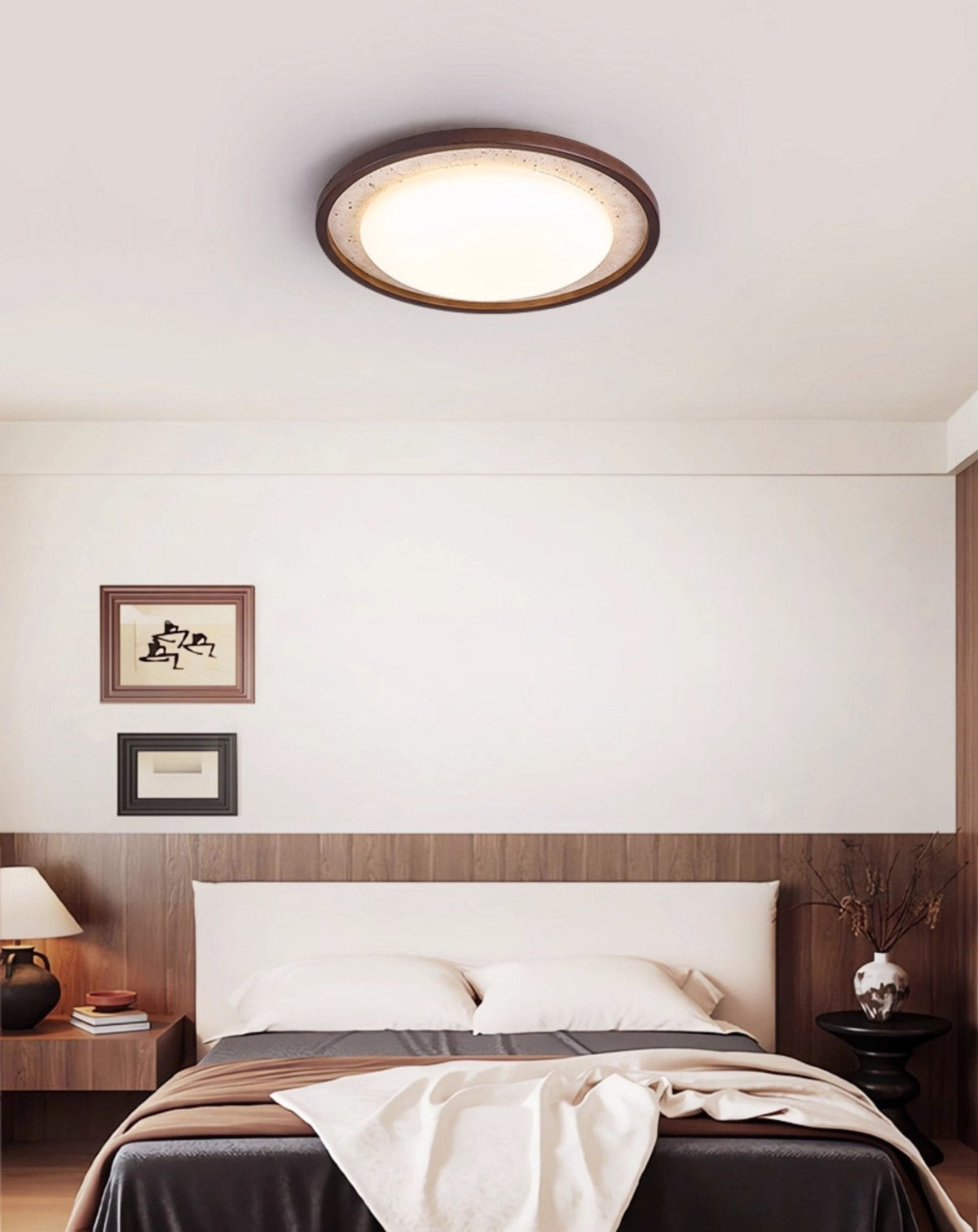 Bexm ronde plafondlamp van geel travertin en walnoothout