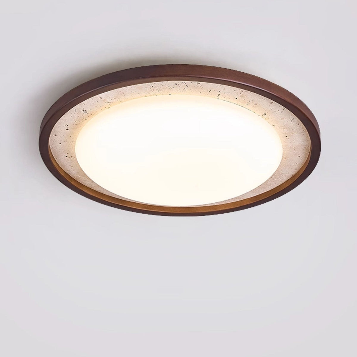 Bexm ronde plafondlamp van geel travertin en walnoothout