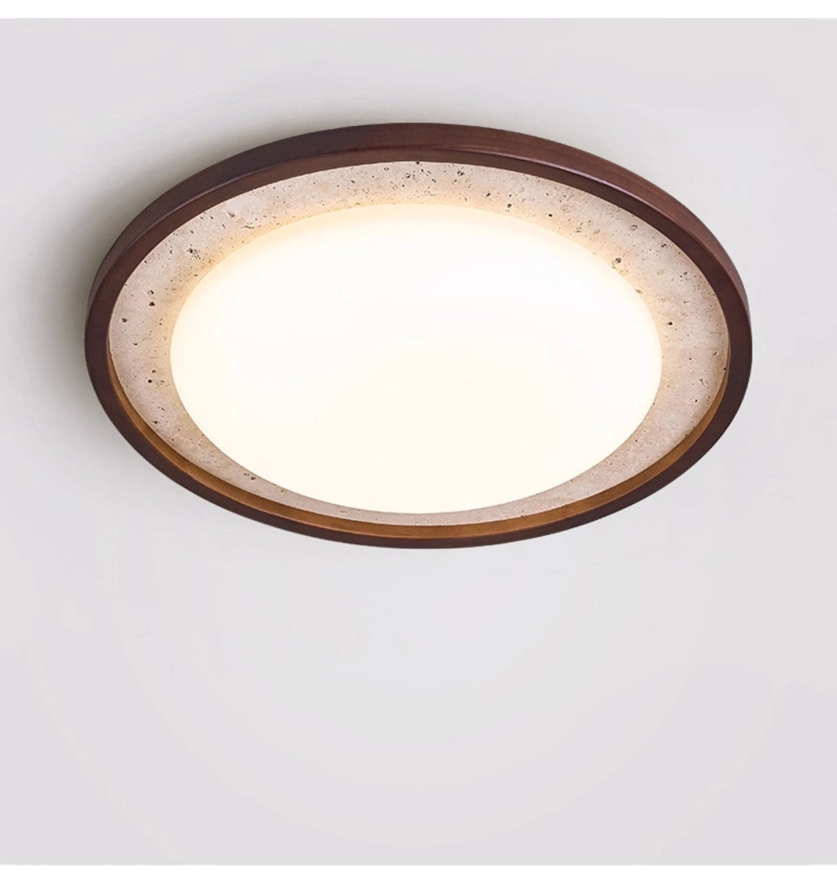 Bexm ronde plafondlamp van geel travertin en walnoothout