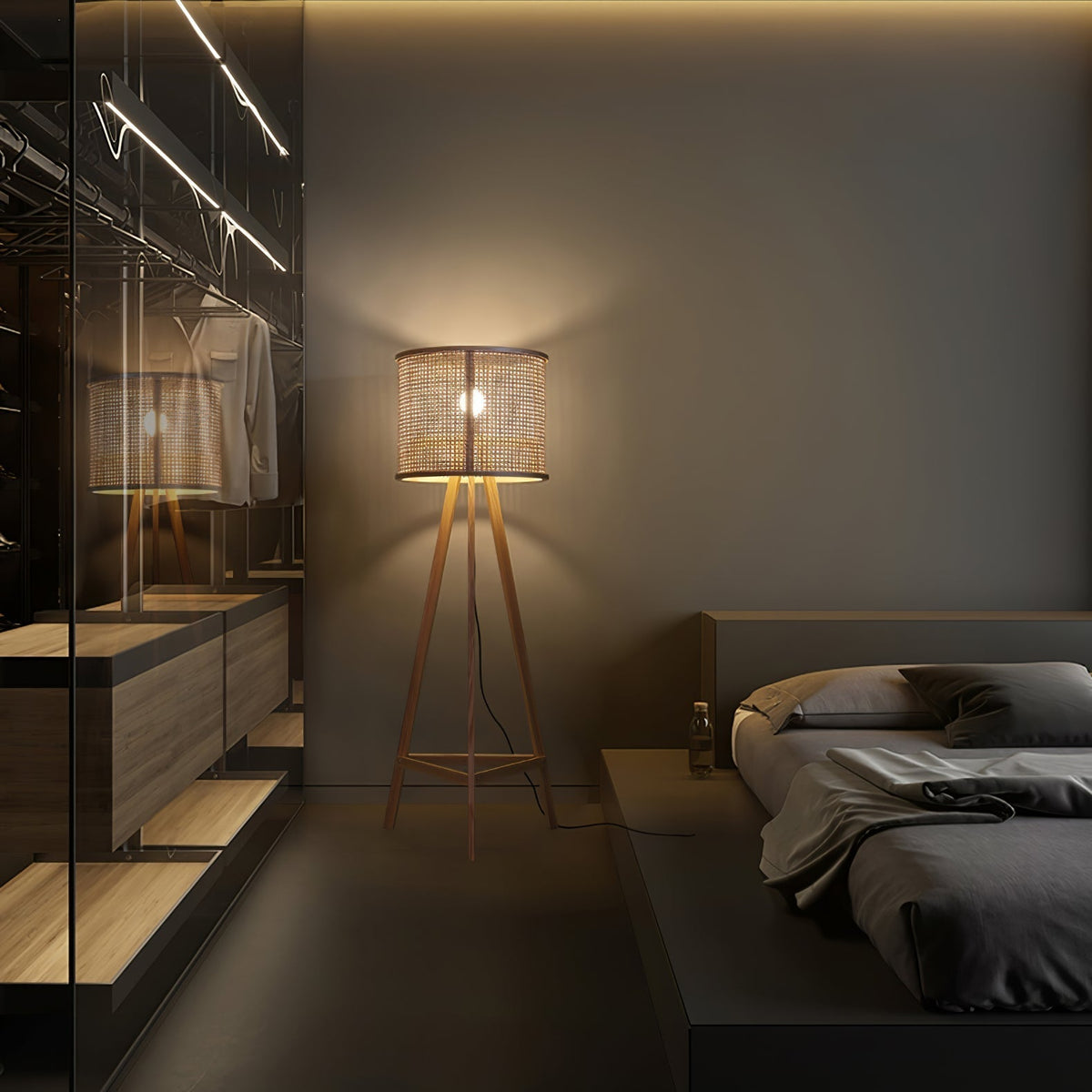 Olsolyra rotan geweven vloerlamp met driepoot en houten frame