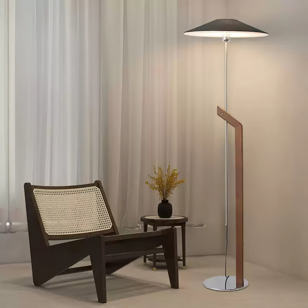 Lumorine Moderne vloerlamp met parapluhoofd in walnootkleur
