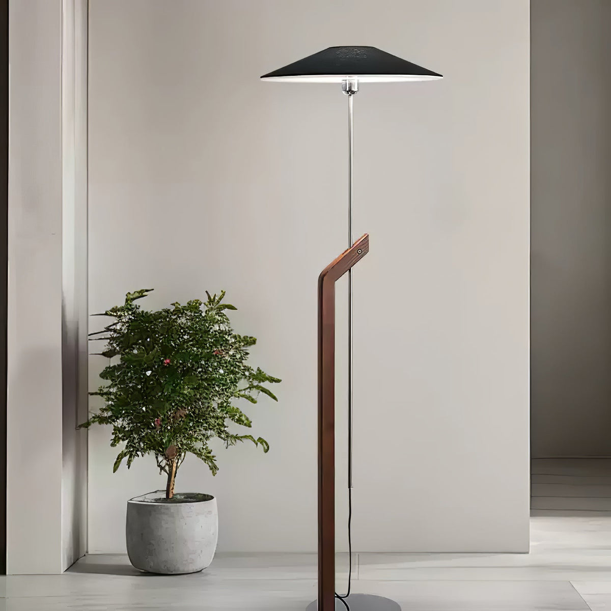 Lumorine Moderne vloerlamp met parapluhoofd in walnootkleur