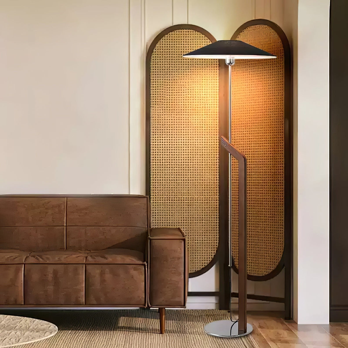 Lumorine Moderne vloerlamp met parapluhoofd in walnootkleur